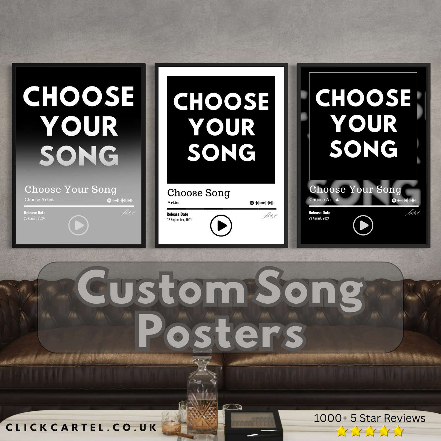 Three framed black and white custom song posters with choose your song text perfect for music lovers wall art