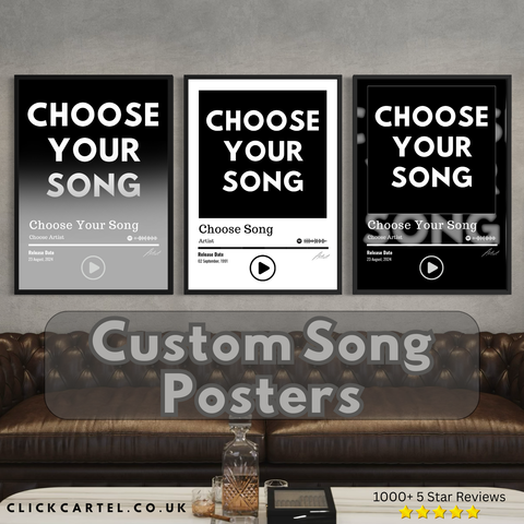 Three framed black and white custom song posters with choose your song text perfect for music lovers wall art