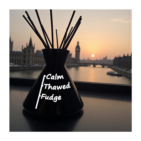 Customisable conical diffuser with small black rattan sticks and calm thawed fudge text on black ceramic reed diffuser