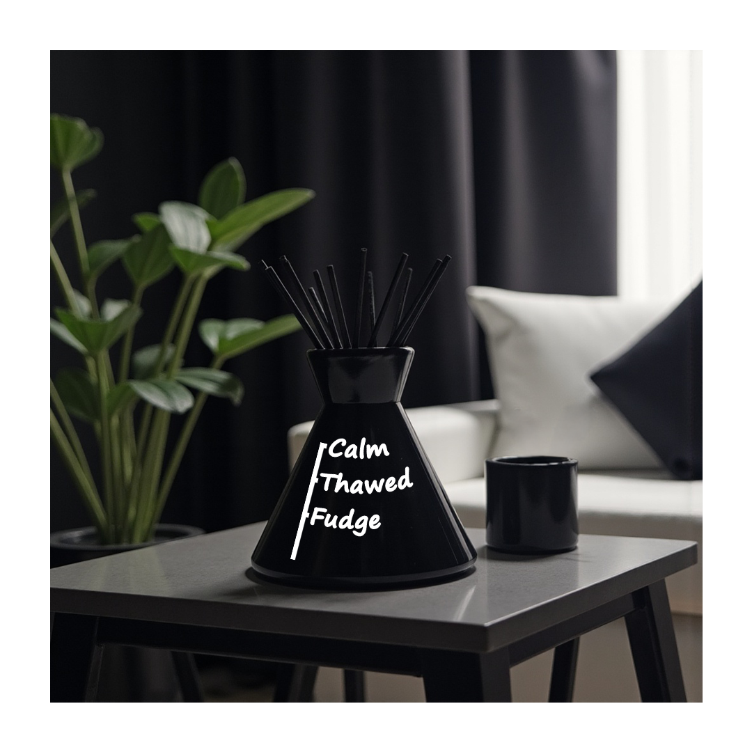 Customisable conical diffuser with black ceramic small black rattan reed and calm thawed fudge scent text