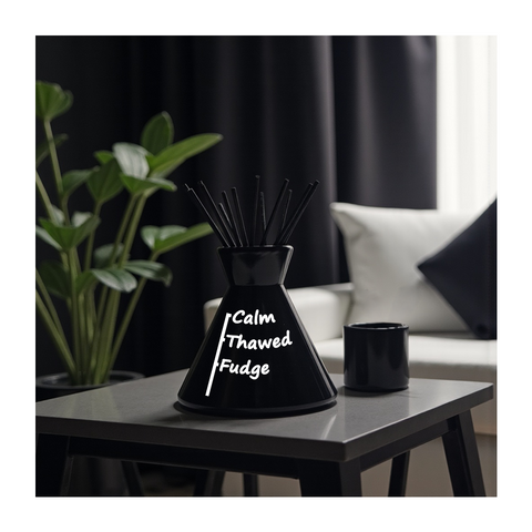 Customisable conical diffuser with black ceramic small black rattan reed and calm thawed fudge scent text