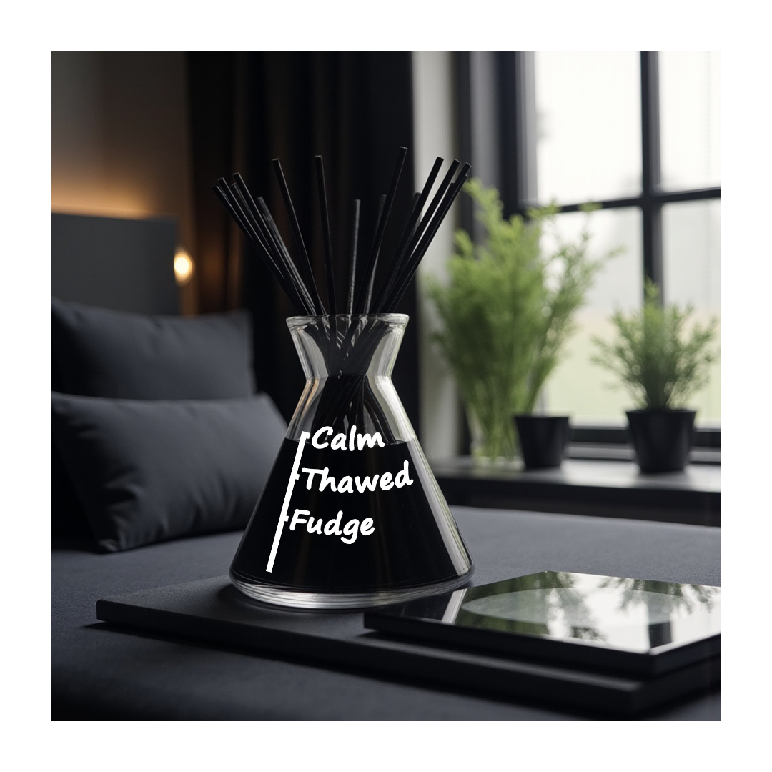 Customisable conical diffuser in black glass with white text filled with dark liquid and small black rattan reeds