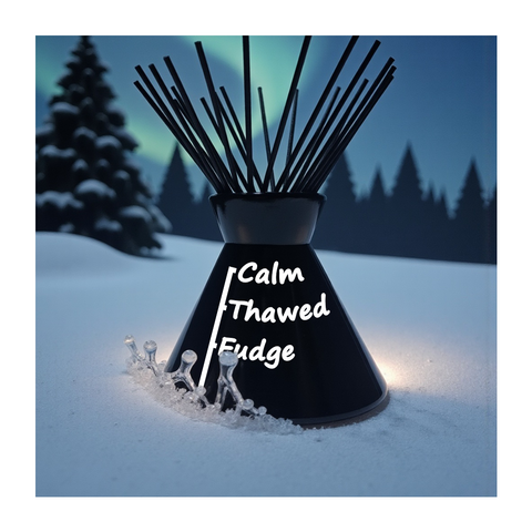 Customisable conical diffuser with calm thawed fudge label featuring small black rattan reeds for fresh scent