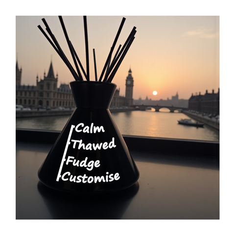 Customisable conical diffuser with small black rattan sticks and white text calm thawed fudge customise on black reed bottle