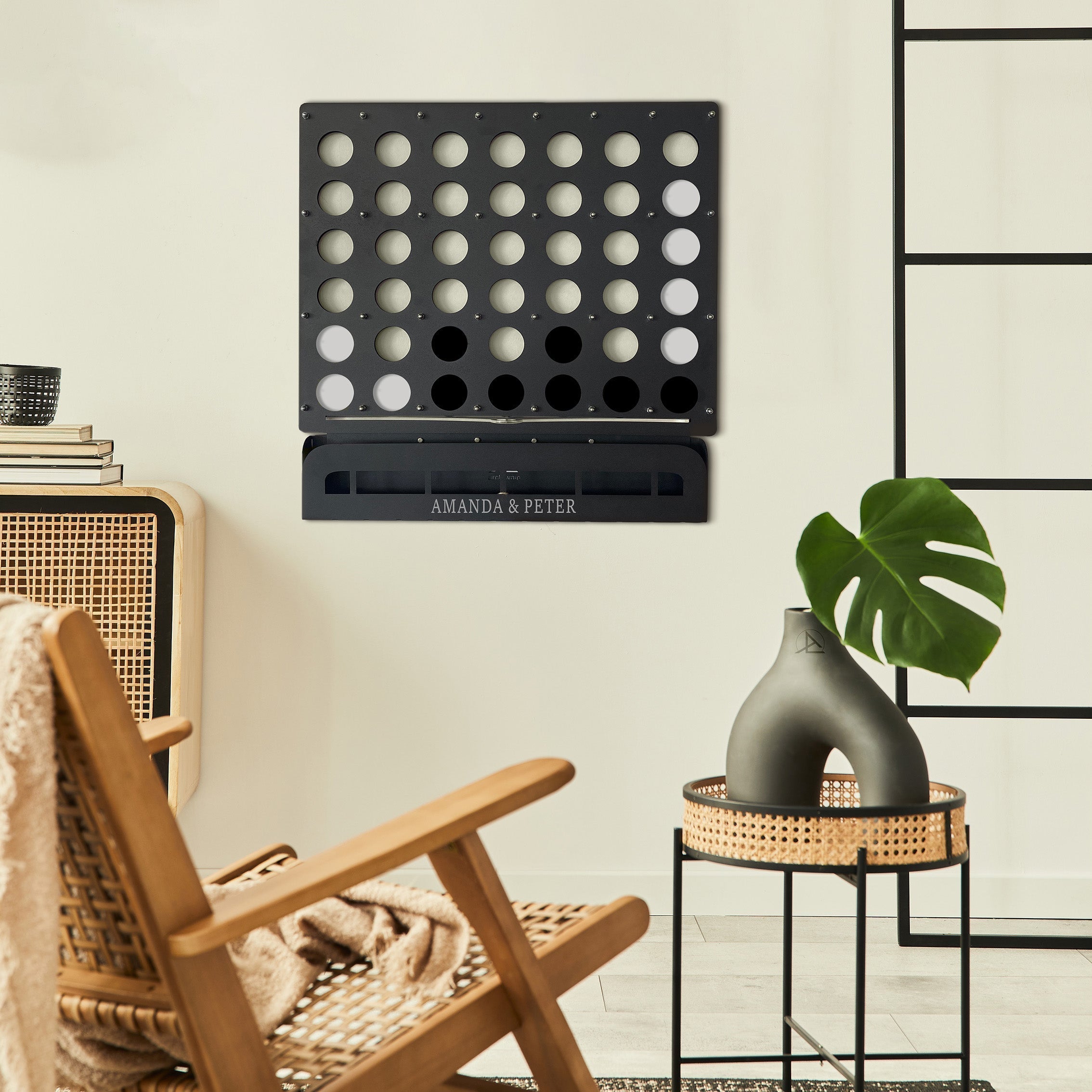 Black metal connect four wall game with personalized engraving for a customized four wall play experience