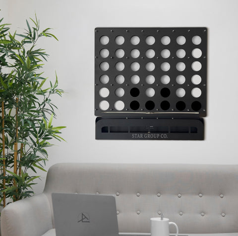 Black metal connect four wall game with circular holes and sleek modern design for customized four wall play