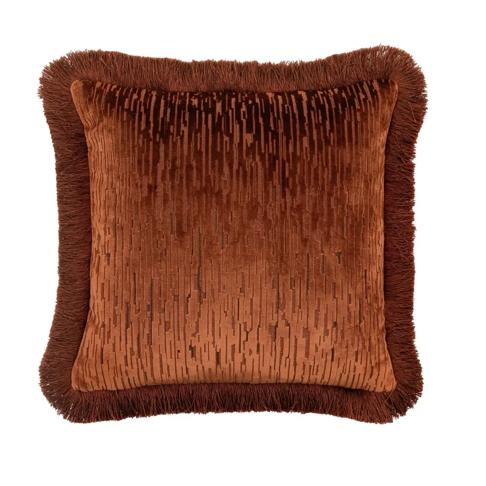 Cut Velvet Fringed Scatter Cushion - Orange - Cushion