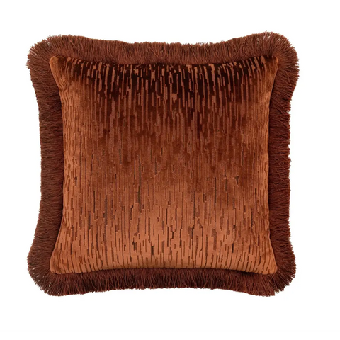 Cut Velvet Fringed Scatter Cushion - Orange - Cushion
