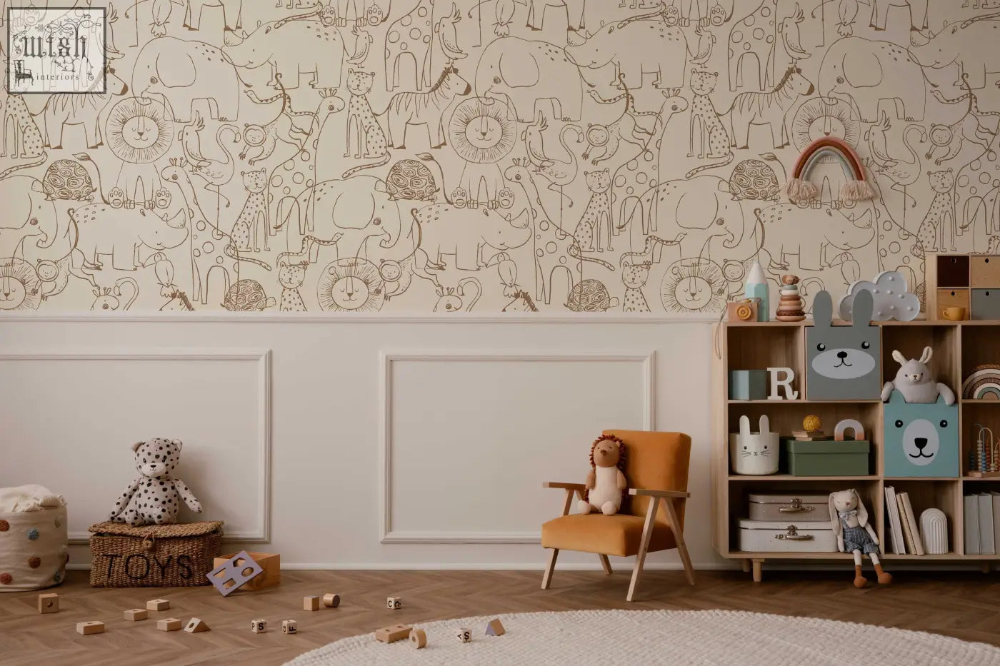 Cute hand drawing safari animals wallpaper with black outlines on off-white traditional paper for living space by clickwalls