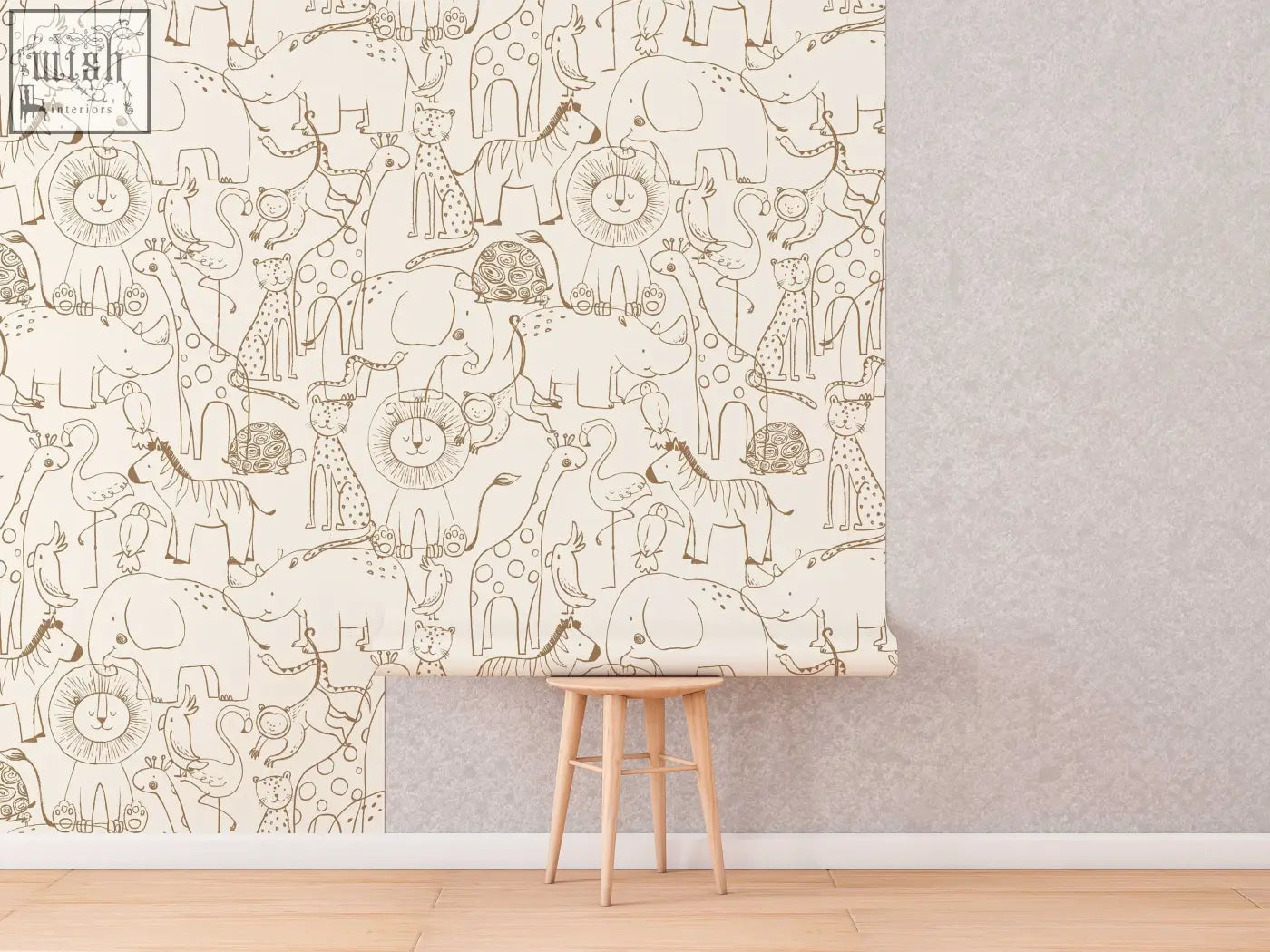 Beige traditional paper wallpaper with playful hand-drawn monochrome safari animals for kids living space by clickwalls