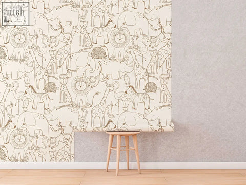 Beige traditional paper wallpaper with playful hand-drawn monochrome safari animals for kids living space by clickwalls
