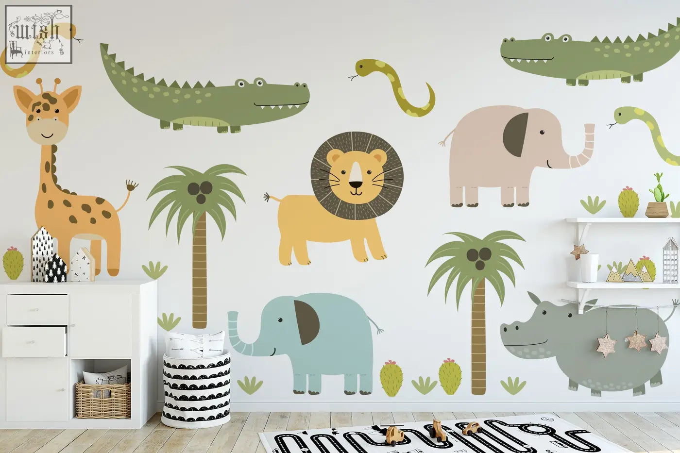 A cheerful set of cute safari animal wall decals in soft pastel colors perfect for kids rooms and easy peel and stick use