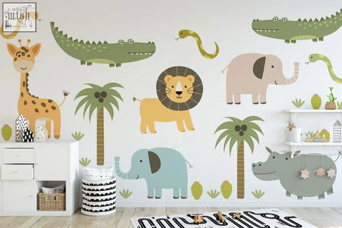 A cheerful set of cute safari animal wall decals in soft pastel colors perfect for kids rooms and easy peel and stick use