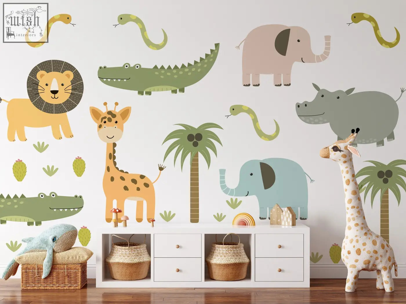 A charming giraffe wall decal with tan body and brown spots perfect for cute safari animals removable wall decals