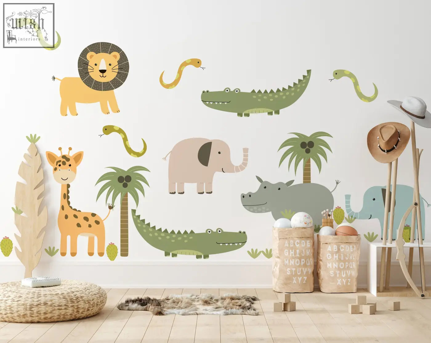 A cheerful cute safari wall decal with a yellow lion and green crocodiles in soft earth tones for kids rooms