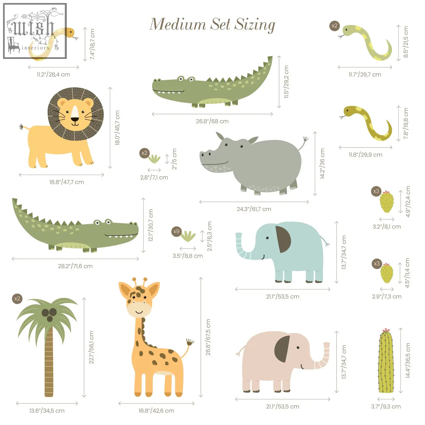 A medium set of cute safari wall decals with pastel animals and plants perfect for kids rooms and easy to peel and stick