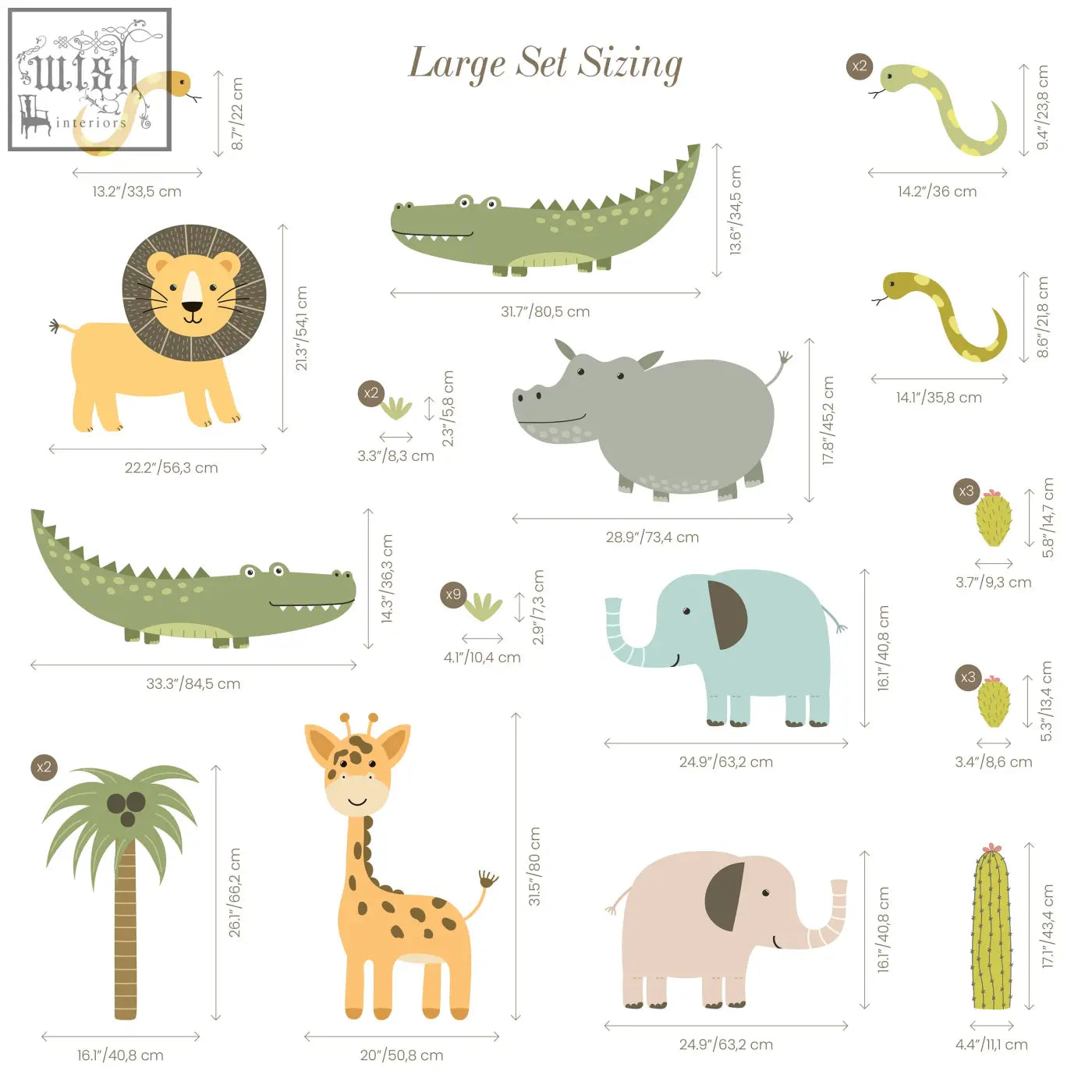 A cute safari animals wall decal set with colorful lions, elephants, giraffes, snakes, and plants for kids room decor