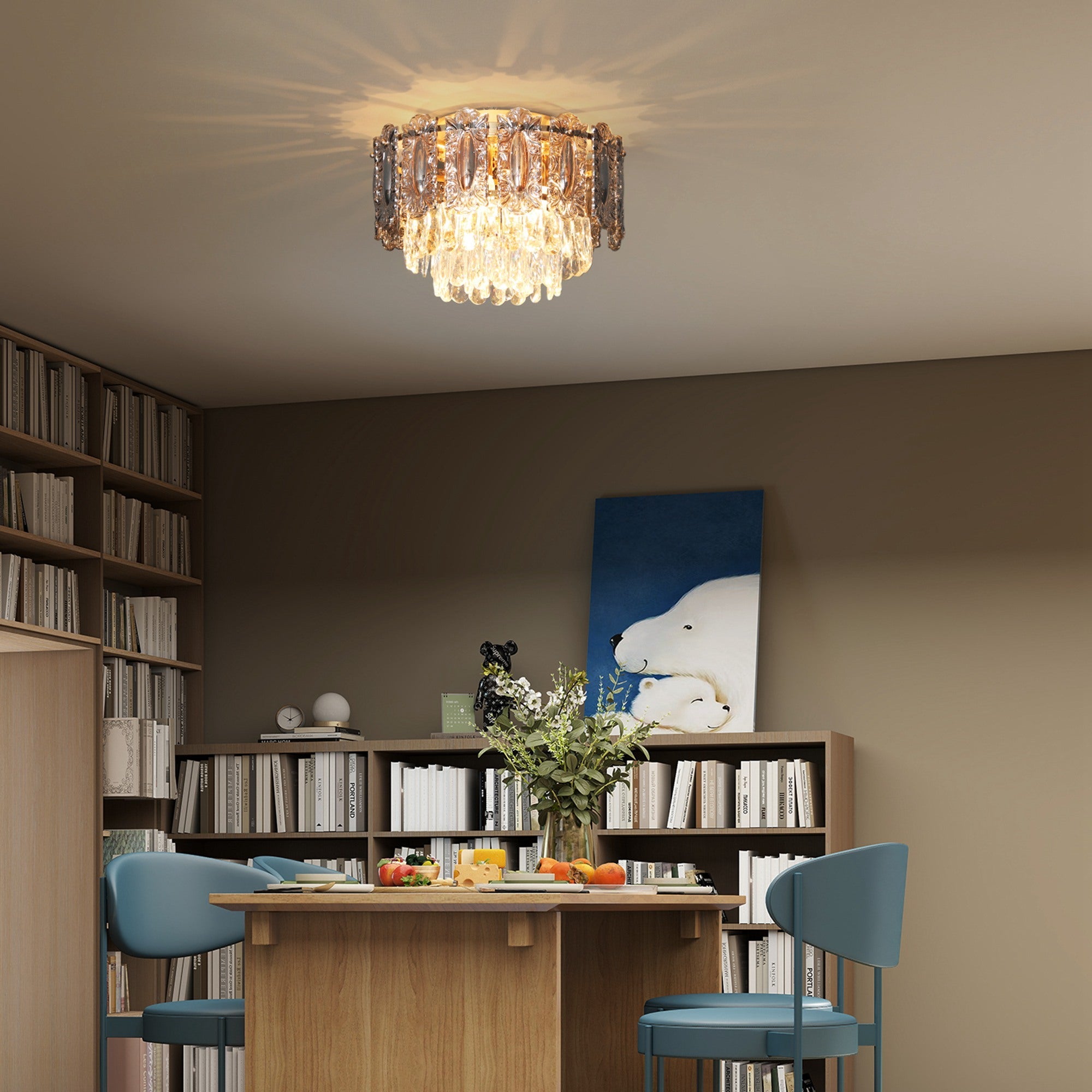 HOMCOM Chandelier Ceiling Light, 3-Light Flush Mount Fixture with Dual Crystal and Smoke Glass Shade, 40 cm LED Ceiling Light for Living Room Bedroom, 3 E14 Sockets, Bulbs Not Included, Gold Tone