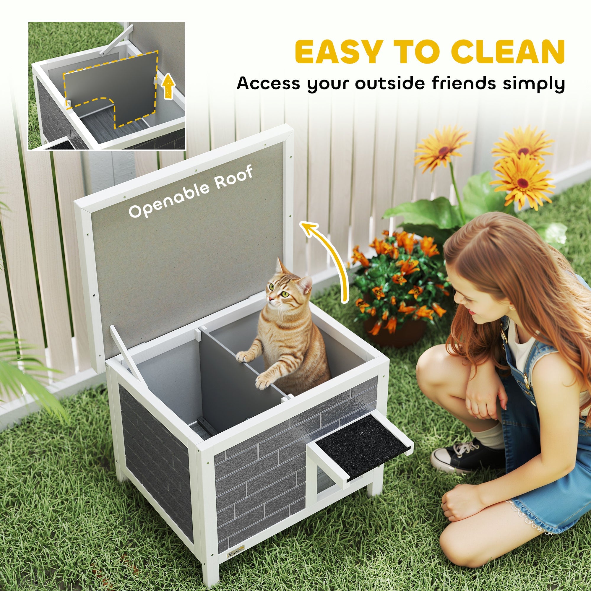 PawHut Outdoor Cat House Insulated with Openable Roof, Weatherproof Feral Cat Shelter for Rabbits, Cats, Grey