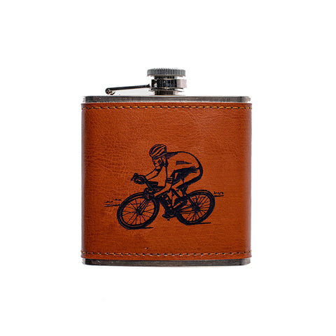 Brown leather hip flask with black engraved cyclist illustration perfect gift box leather hip flask
