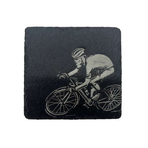 Black single slate coaster with a white engraved cyclist illustration perfect as a cycling slate coaster