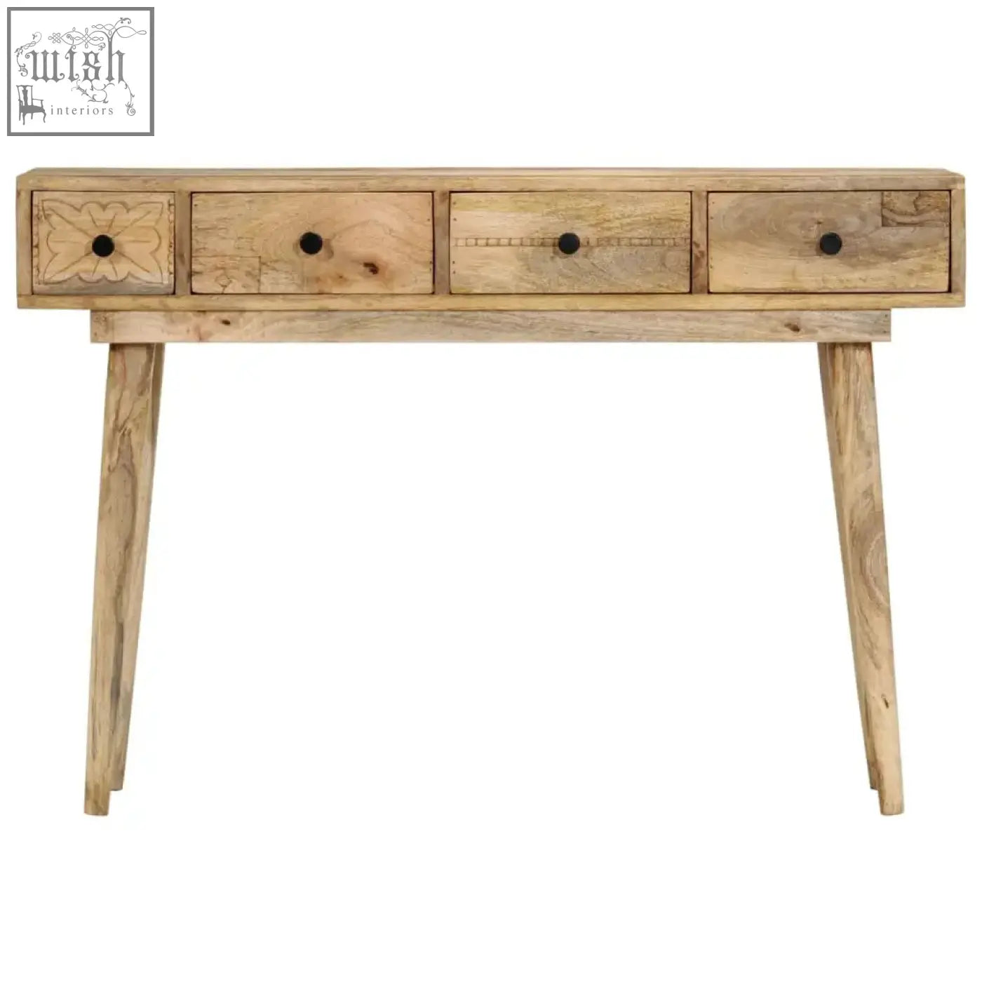 Light-colored solid mango wood console table with four drawers featuring black round knobs and decorative patterns