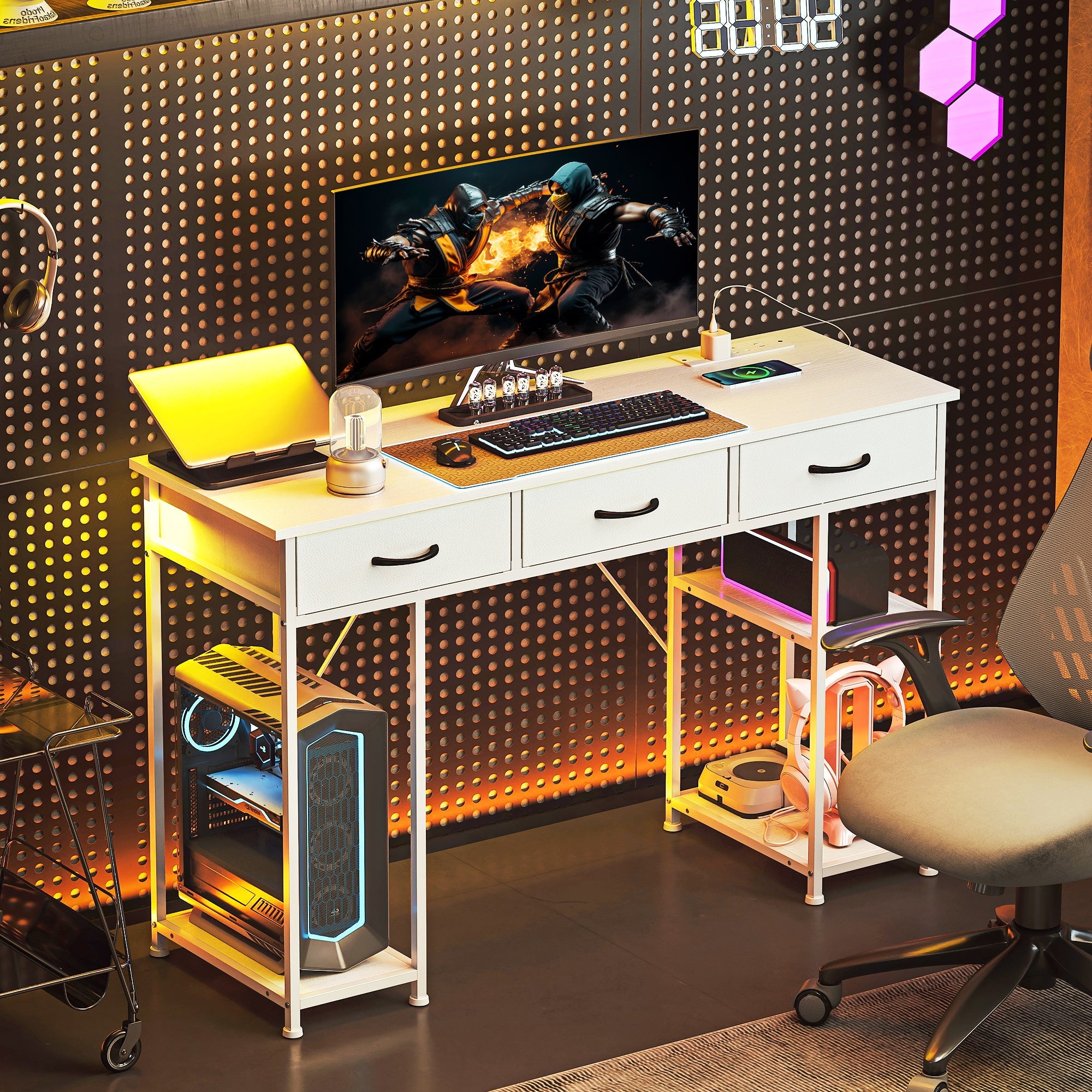 HOMCOM 120cm Computer Desk with Power Outlets, Office Desk Study Table with 3 Fabric Drawers and 4 Storage Shelves, White