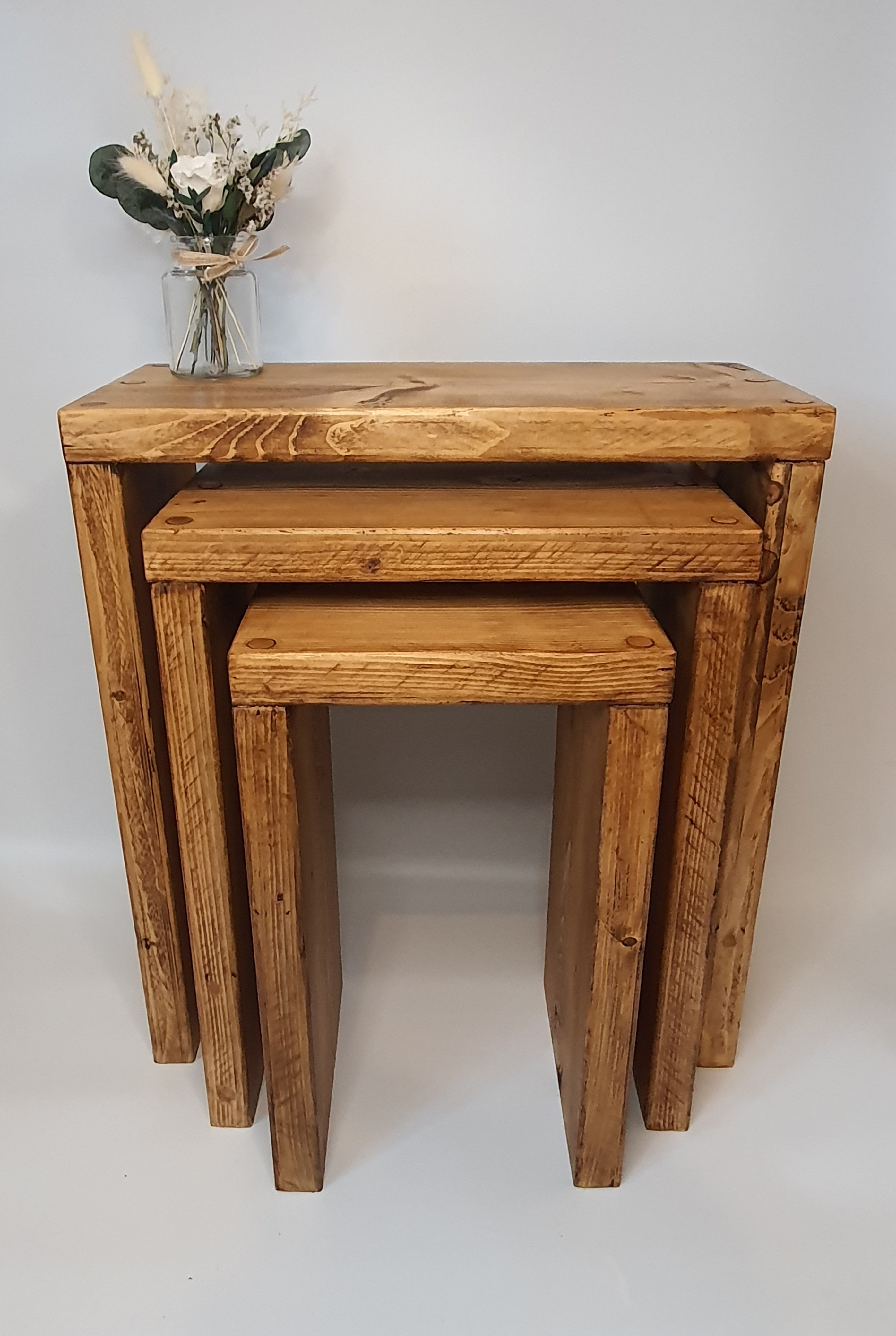 Set of 3 Solid Wood Rustic Nest Of Tables with Timber Legs