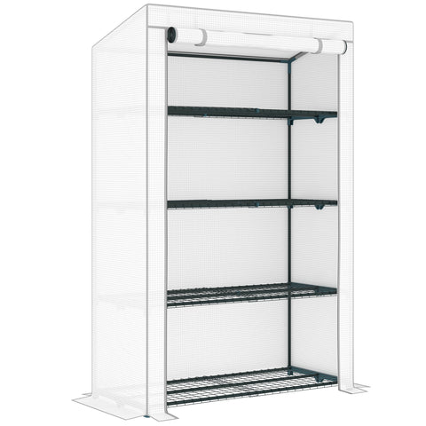 Outsunny 4 Tier Lean-to Mini Greenhouse with Reinforced PE Cover, Portable Small Greenhouse with Roll-Up Door, Grey Hemmed Edging, 110 x 50 x 171cm, Grey