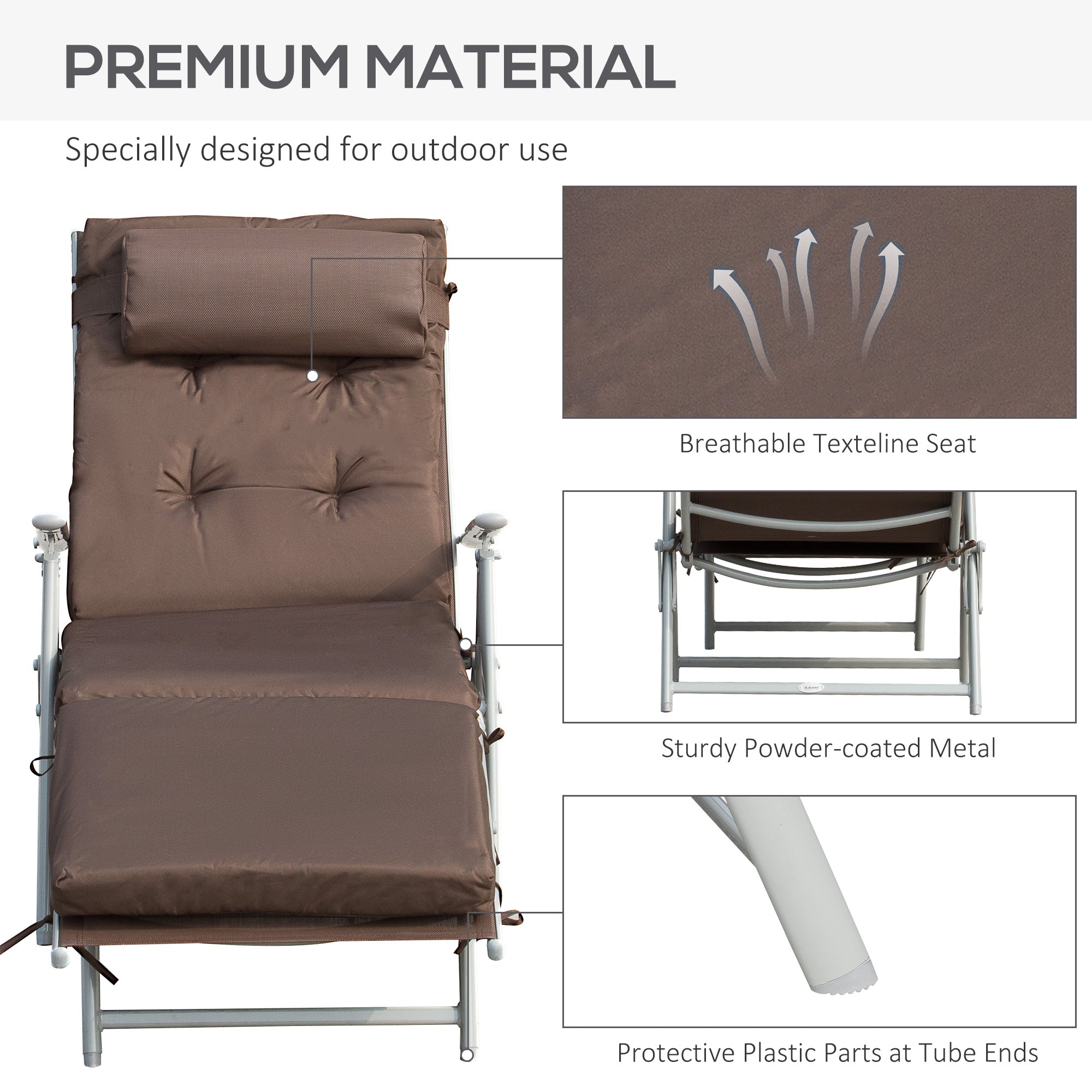 Outsunny Sun Lounger Steel Frame Outdoor Folding Chaise Texteline Lounge Chair Recliner with Headrest & 7 Levels Adjustable Backrest, Brown