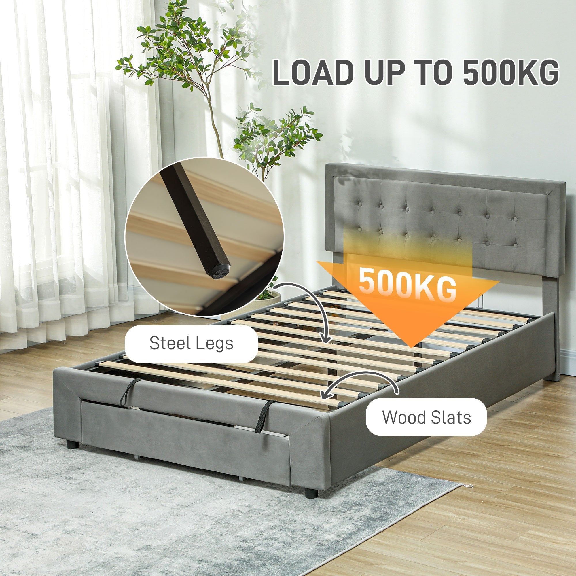 HOMCOM Double Size Ottoman Bed Frame, with Front Drawer - Grey