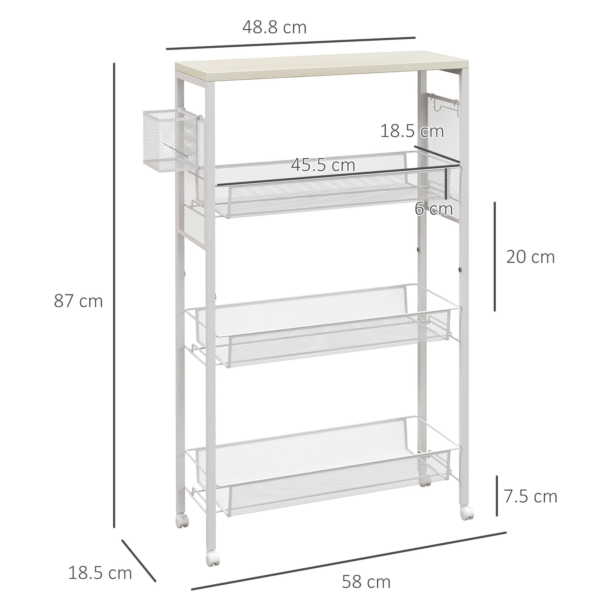 HOMCOM 3-Tier Kitchen Cart with 3 Steel Wire Baskets - White