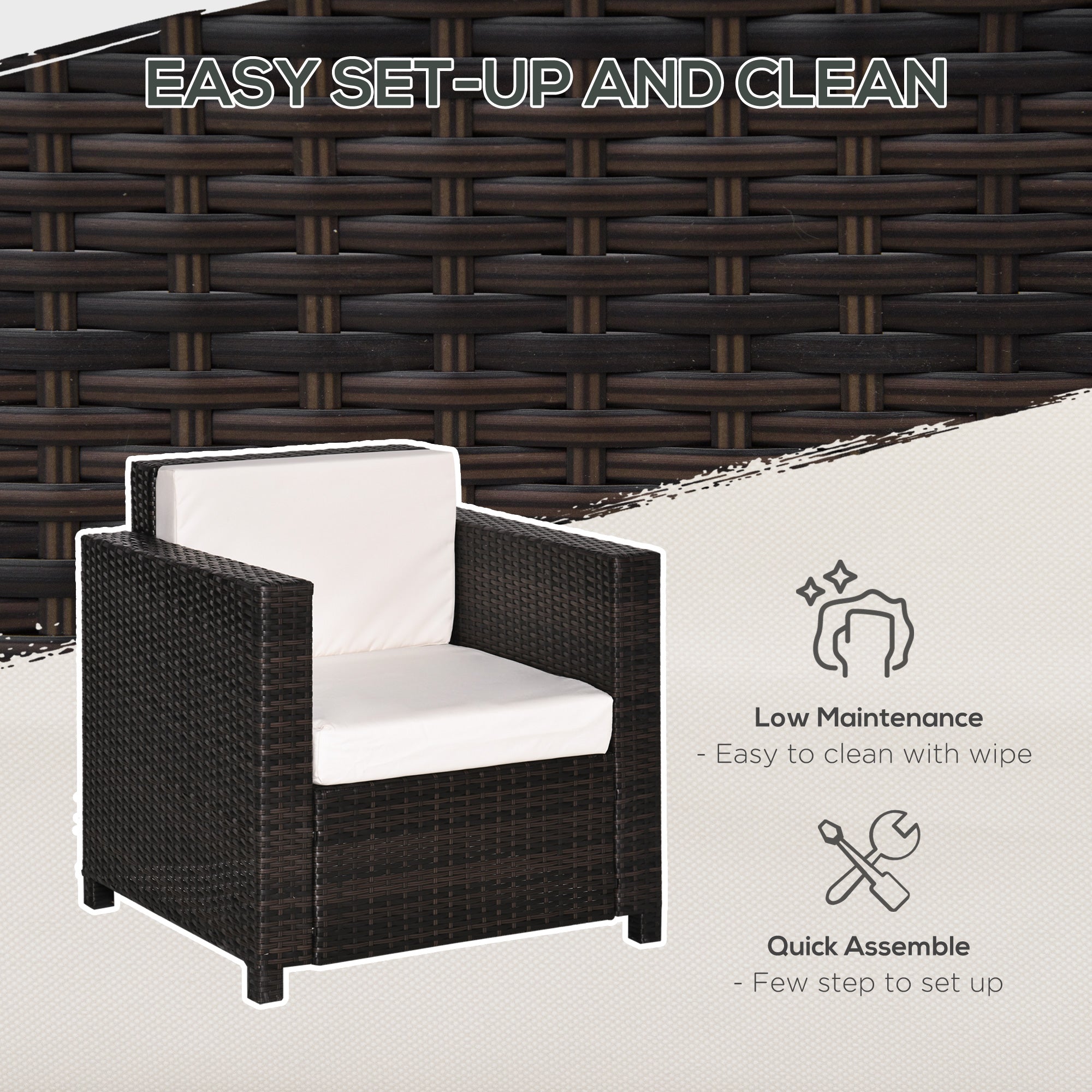 Outsunny Single Seater Rattan Chair, PE Wicker Garden Armchair with 10 cm Thickened Cushion, All-Weather Rattan Garden Chair with Armrests, Brown