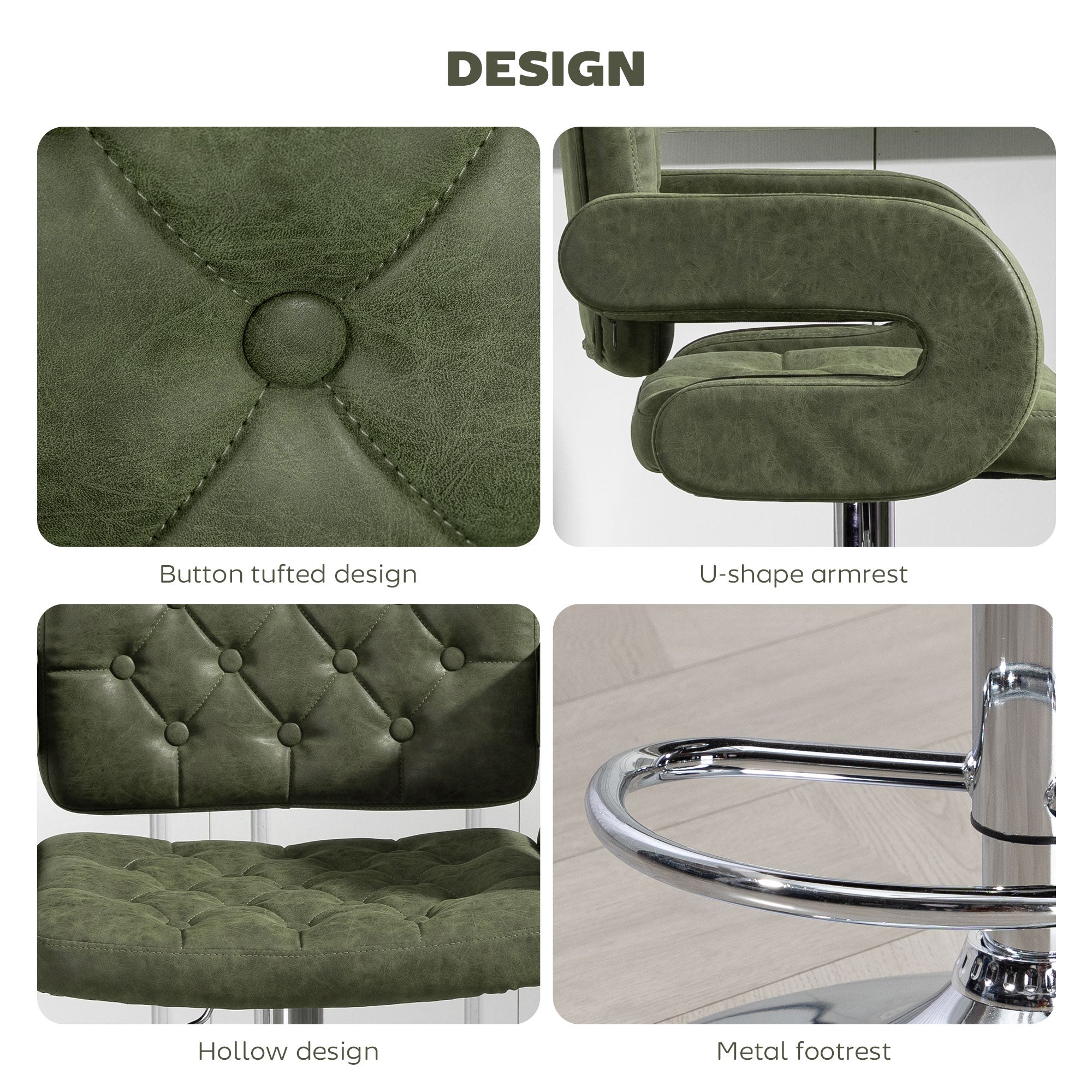 HOMCOM PU Leather Upholstered Swivel Bar Stool, Height Adjustable with Back, Armrest, Footrest, Green