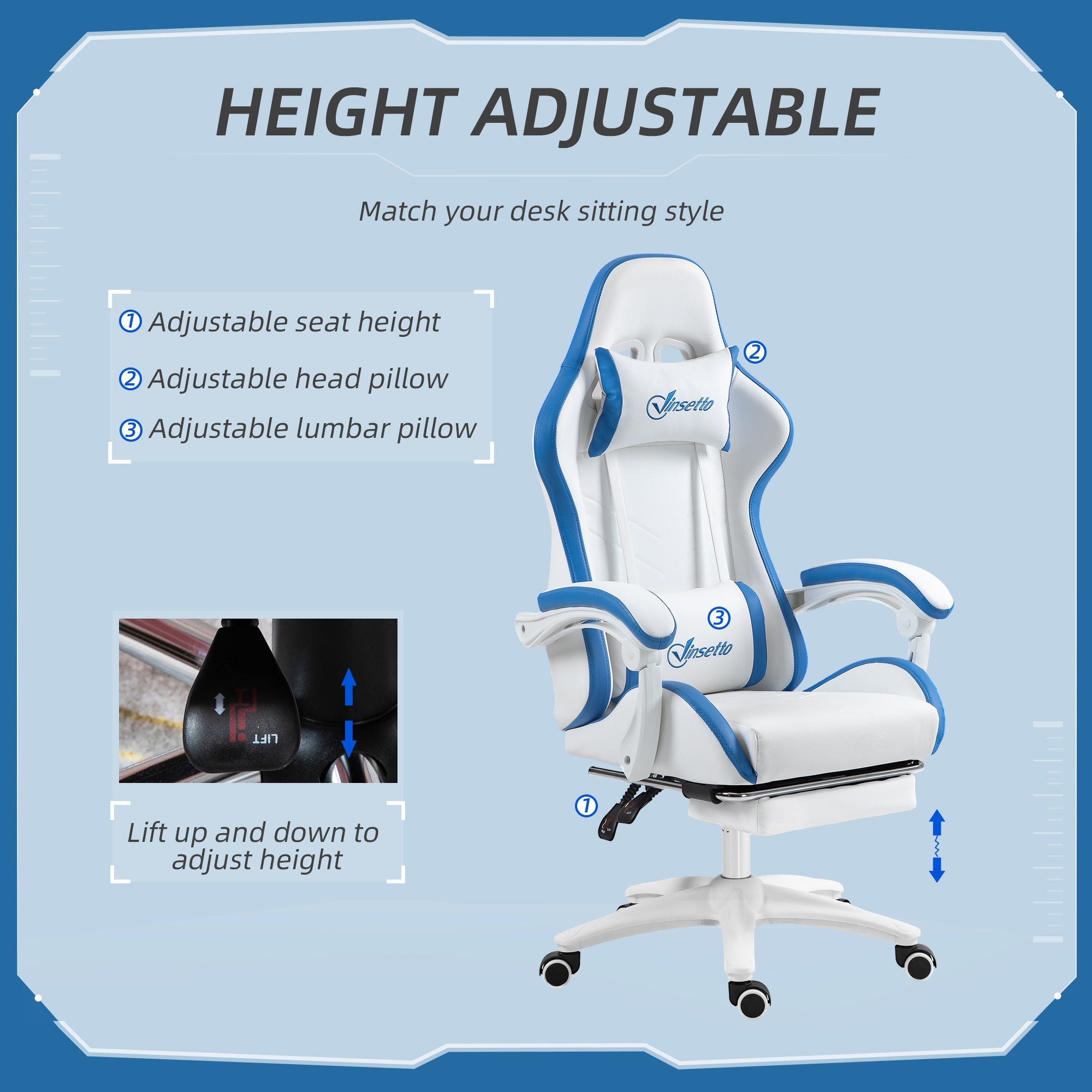 Vinsetto Computer Gaming Chair, PU Leather Desk Chair with Footrest, Swivel Task Chair with 135\'c2\'b0 Reclining Back and Lumbar Support, PC Chair for Adults, White and Blue