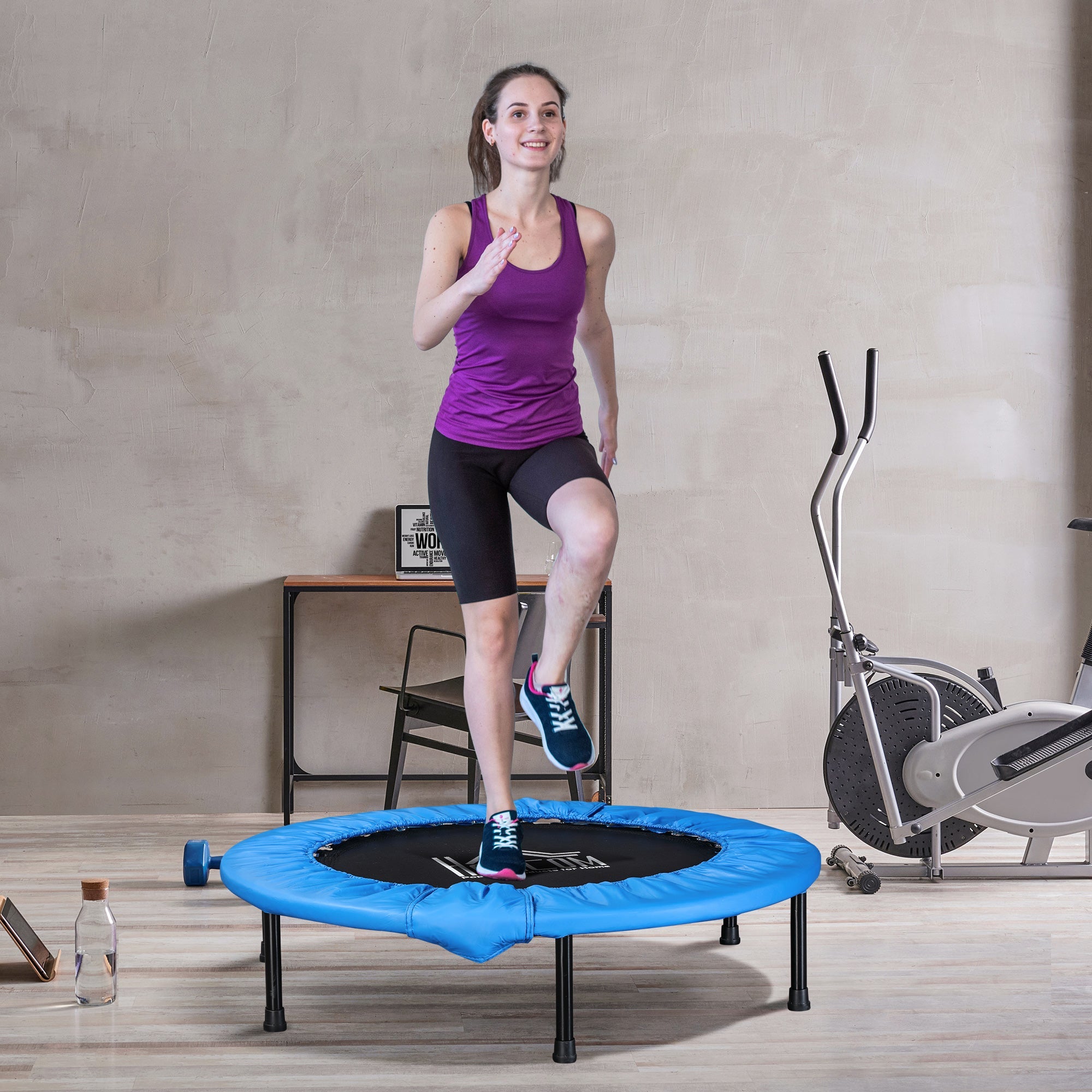 HOMCOM \'ce\'a6101 Mini Fitness Trampoline Home Gym Yoga Exercise Rebounder Indoor Outdoor Jumper with Safety Pad, Support Up to 100 KG, Blue and Black