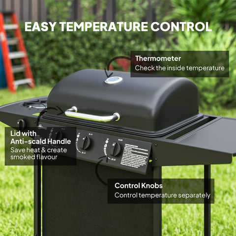Outsunny 3+1 Burner Gas BBQ Grill, Portable Gas Barbecue Grill with Built-in Thermometer, Lid, Side Table, Shelf, Spice Rack, Wheels, Grease Cup for Garden Party Outdoor Cooking, Black