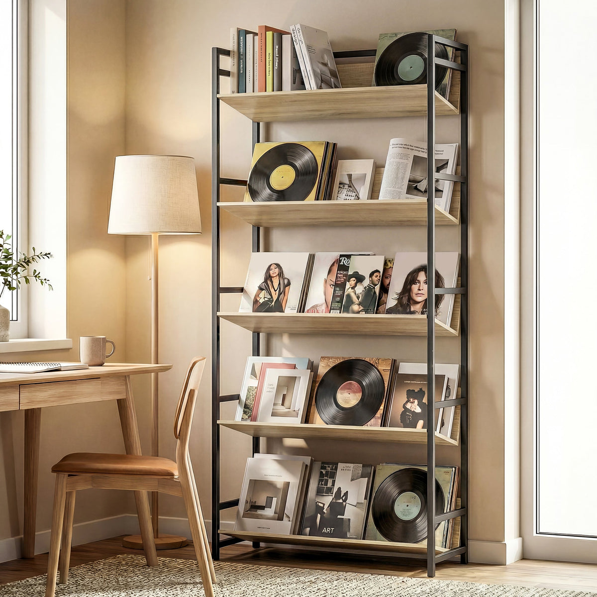HOMCOM Bookshelf 5-Tier Metal Frame Bookcase Storage Shelves for Living Room Oak