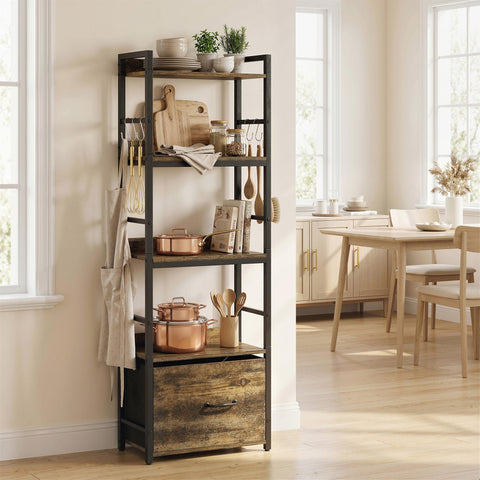 HOMCOM 4-Tier Bookshelf, Narrow Bookcase with Drawer, 8 Hooks, Metal Frame, Rustic Brown