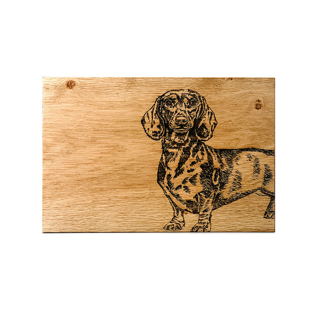 Rustic dachshund oak serving board with dark burned illustration perfect for cheese and snacks