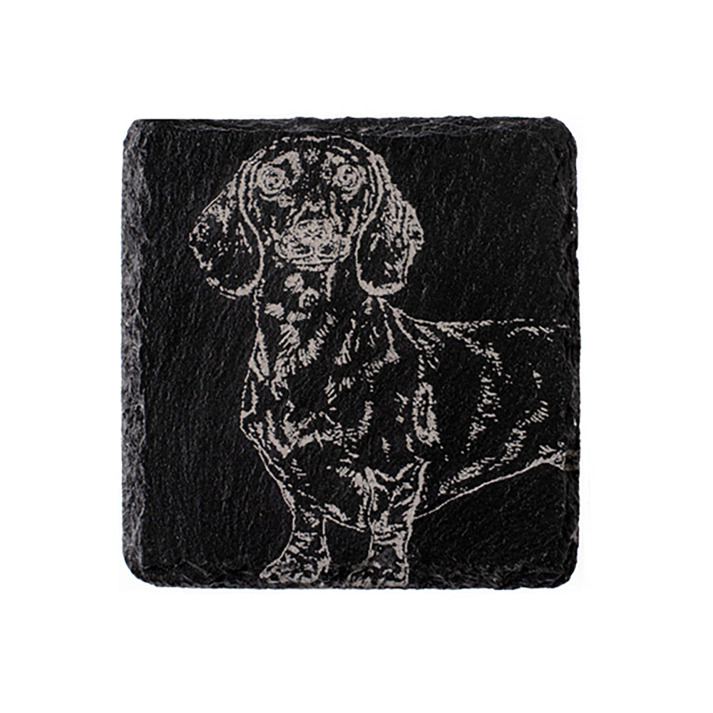 Black slate single slate coaster with detailed white etched dachshund illustration perfect for drink protection