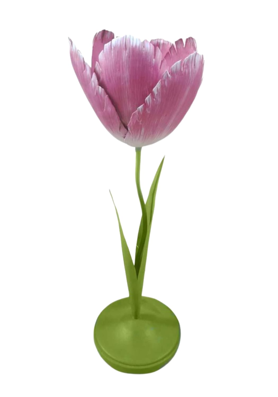 Dahlia pink petal candleholder tole is a pink and white tulip-shaped lamp with a green stem leaves and round base