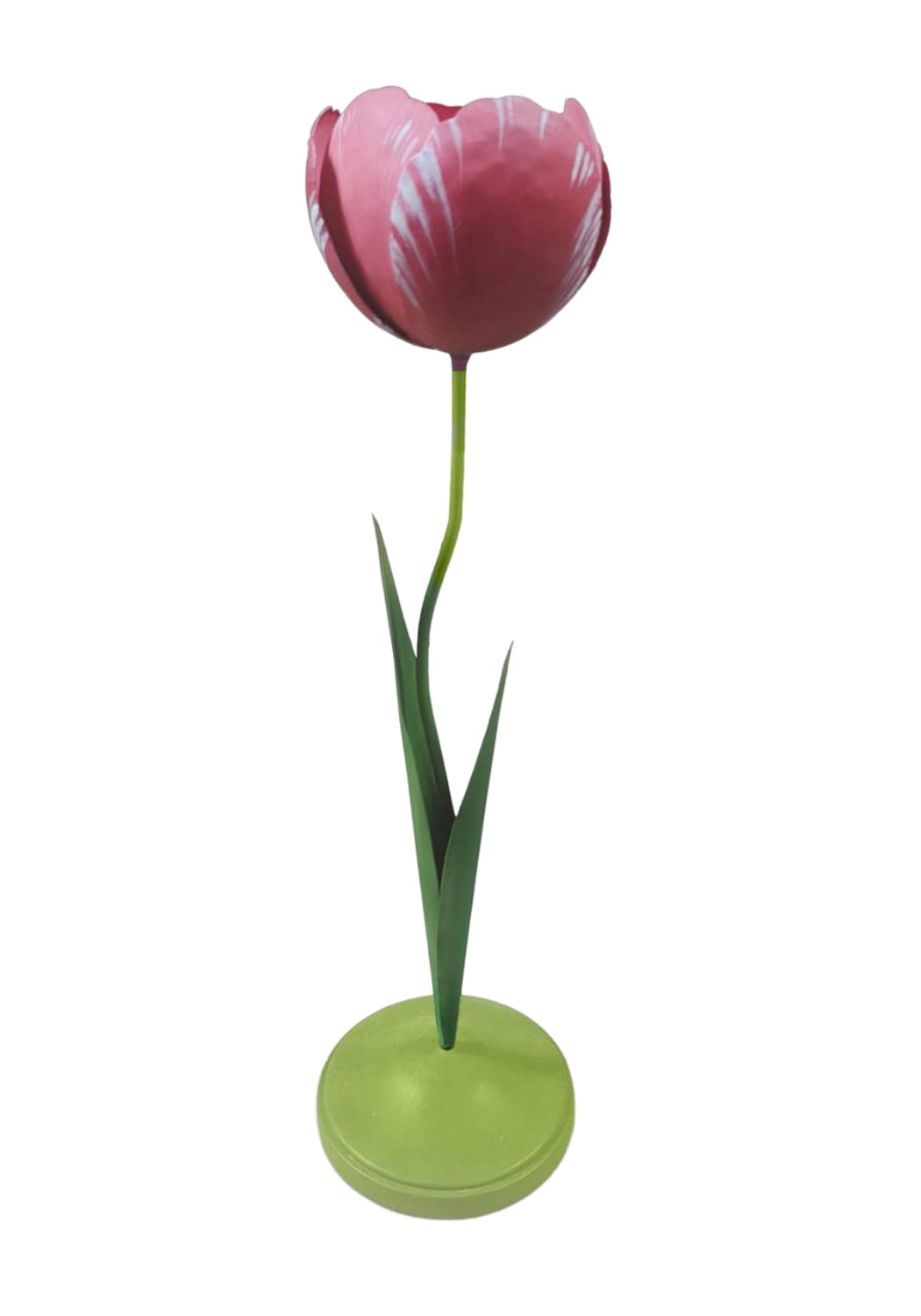 Dahlia pink tulip candleholder tole lamp shaped like a pink tulip with white streaks green stem and lime green base
