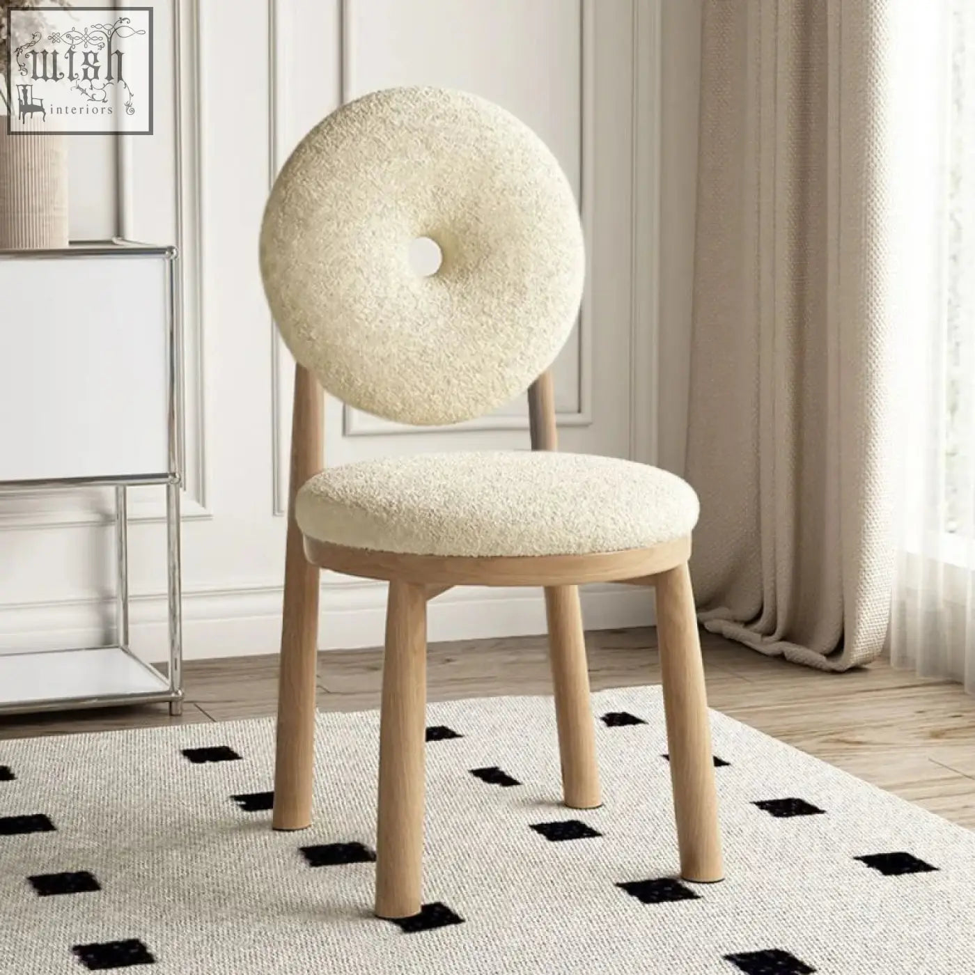Daiki chair plush cream-colored faux lamb wool with round donut backrest and light wood legs for cozy seating