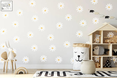 White daisy flower wall decals with yellow centers on light gray nursery wall vinyl stickers for kids room decor
