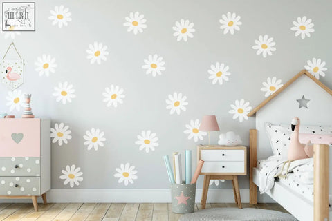 White daisy flower wall decals with yellow centers on light gray wall perfect for nursery vinyl wall sticker decor