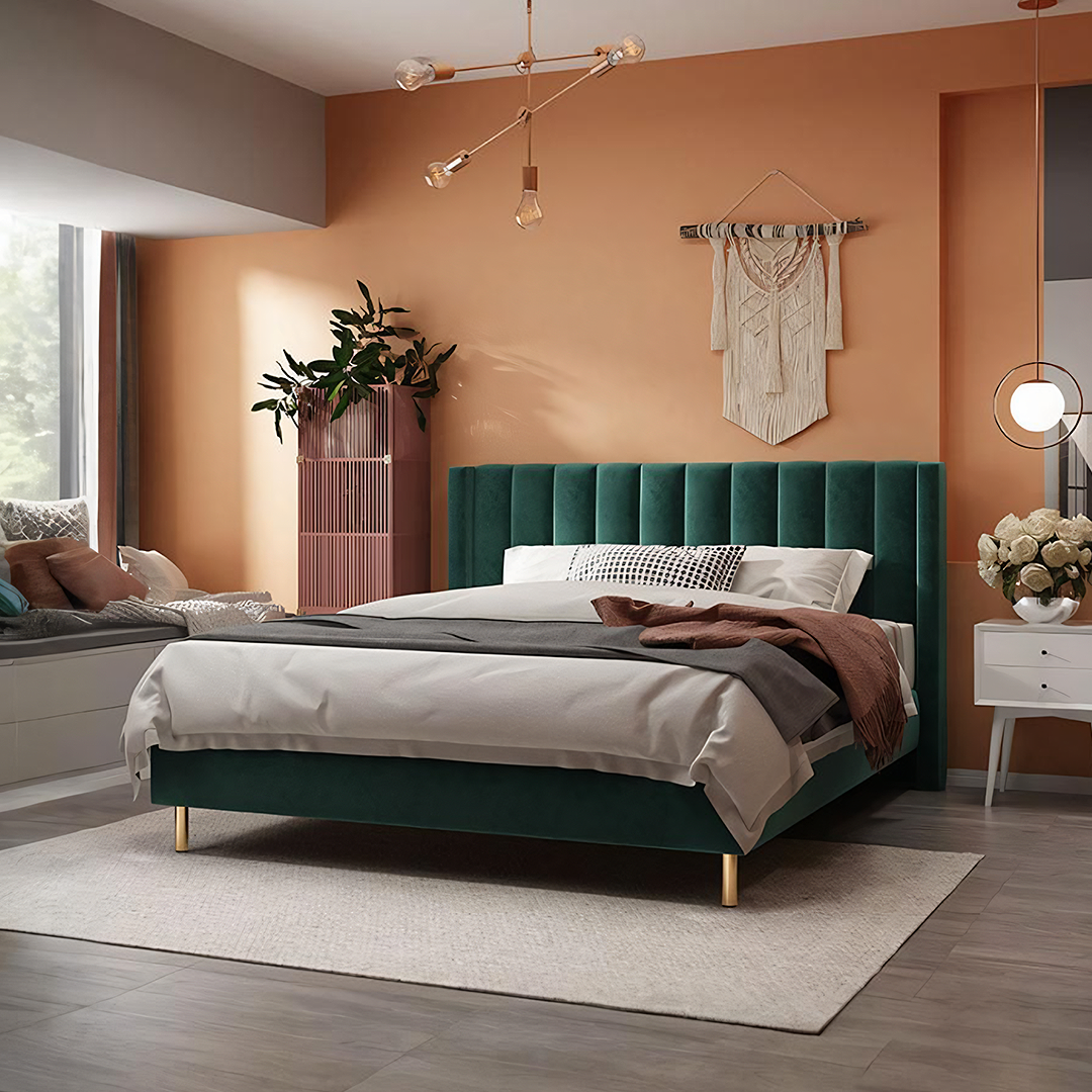 Emerald green velvet daisy king size bed with tufted headboard and gold tone legs perfect super king bed option