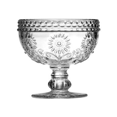 Clear glass sundae glass dish with intricate floral etching and decorative beaded rim perfect for desserts