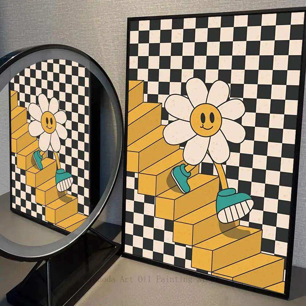 A cheerful cartoon daisy with a yellow smiley face and teal sneakers climbs golden stairs in the daisy steps print