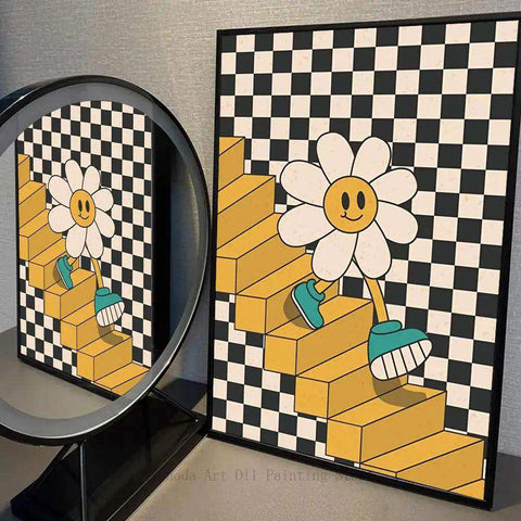 A cheerful cartoon daisy with a yellow smiley face and teal sneakers climbs golden stairs in the daisy steps print